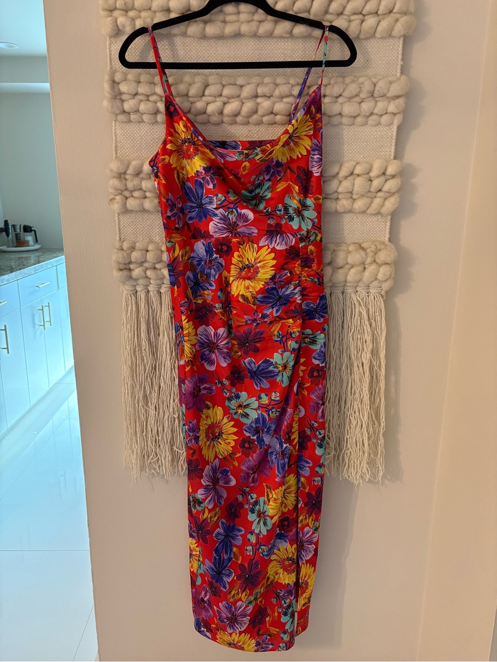 Milly Red Floral Maxi Slip Dress with Multicolor Blooms